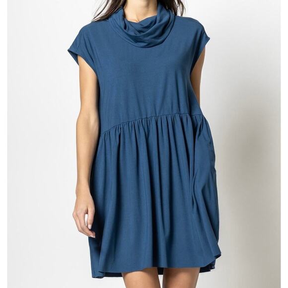 Lilla P Cowl Mini Dress Size S Blue Lagoon Viscose Stretch Shift Sustainable - Picture 2 of 11